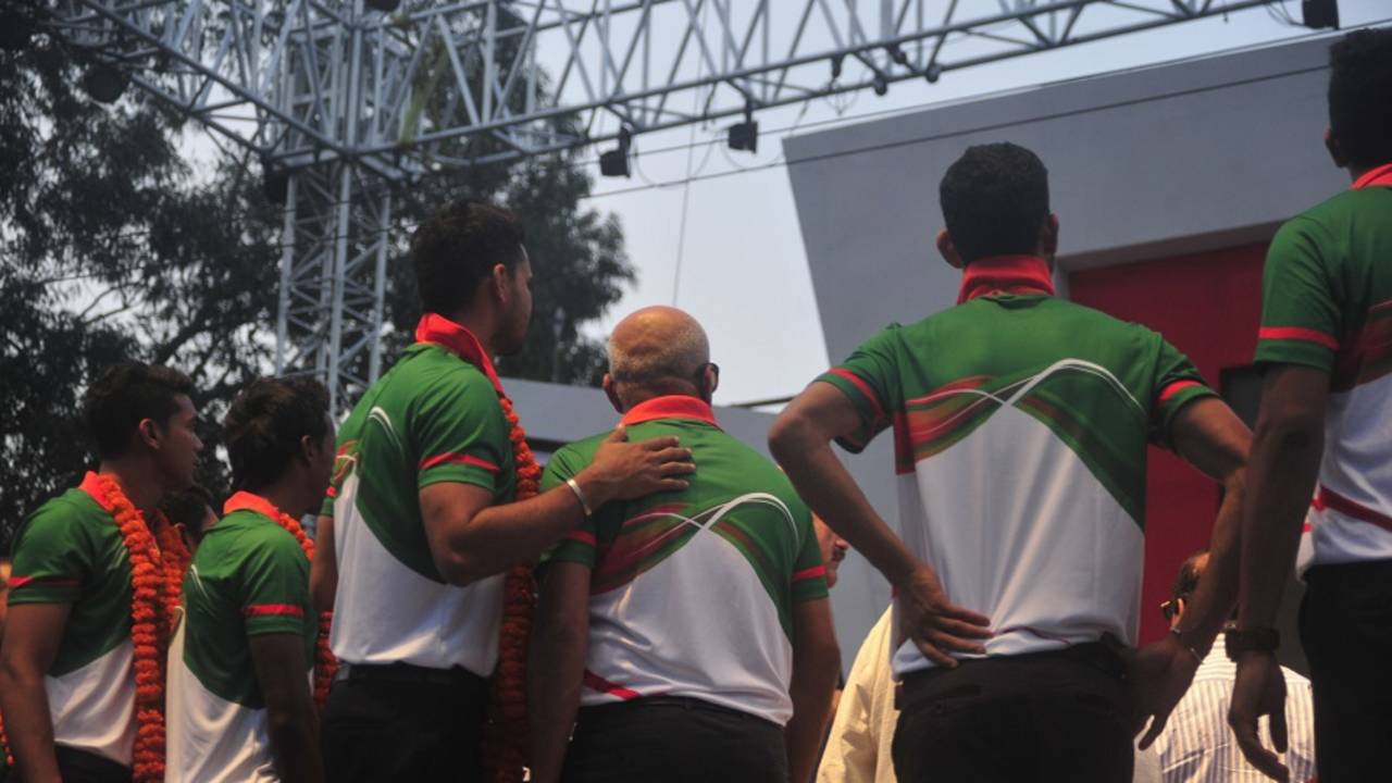 The Bangladesh players at a felicitation ceremony after their World Cup success, Dhaka, April 11, 2015