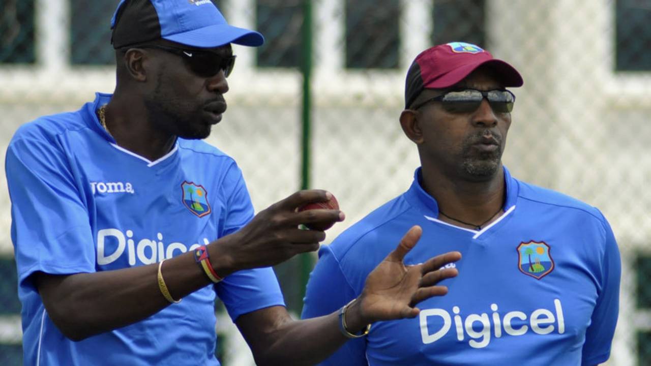 Curtly Ambrose and Phil Simmons watch over a training session&nbsp;&nbsp;&bull;&nbsp;&nbsp;WICB Media Photo/Philip Spooner