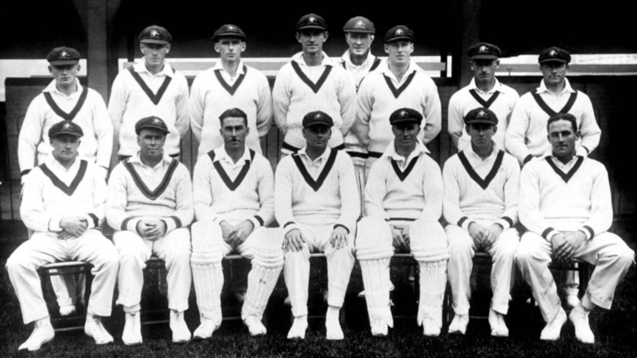 The Australian 1930 Ashes tourists. Back row (left to right): Stan McCabe, Alec Hurwood, Tim Wall, Percy Hornibrook, Alan Kippax, Ted a'Beckett, Clarrie Grimmett, Bert Oldfield; Front row: Don Bradman, Bill Ponsford, Vic Richardson, Bill Woodfull, Charlie Walker, Archie Jackson, Alan Fairfax, May 9, 1930