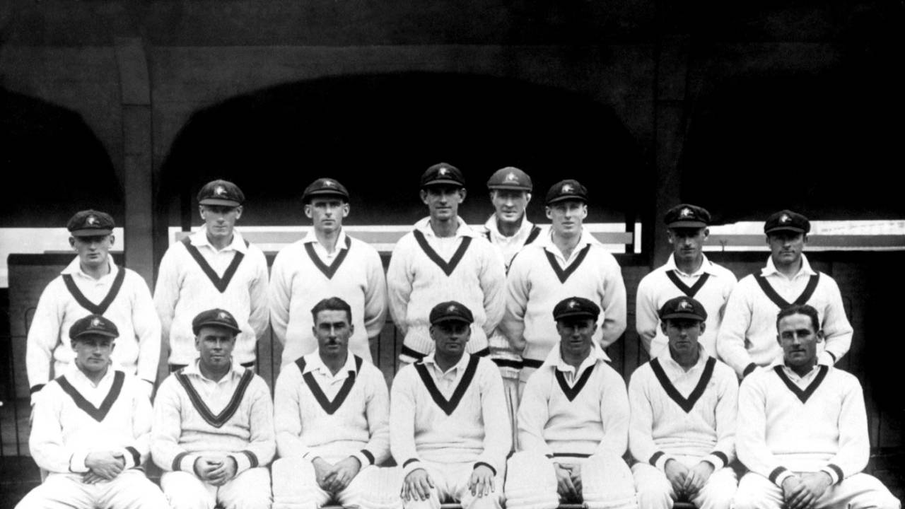 The Australian 1930 Ashes tourists. Back row (left to right): Stan McCabe, Alec Hurwood, Tim Wall, Percy Hornibrook, Alan Kippax, Ted a'Beckett, Clarrie Grimmett, Bert Oldfield; Front row: Don Bradman, Bill Ponsford, Vic Richardson, Bill Woodfull, Charlie Walker, Archie Jackson, Alan Fairfax, May 9, 1930