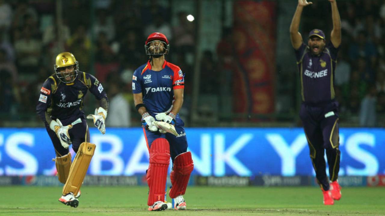 JP Duminy reacts after being bowled by Sunil Narine, Delhi Daredevils v Kolkata Knight Riders, IPL 2015, Delhi, April 20, 2015