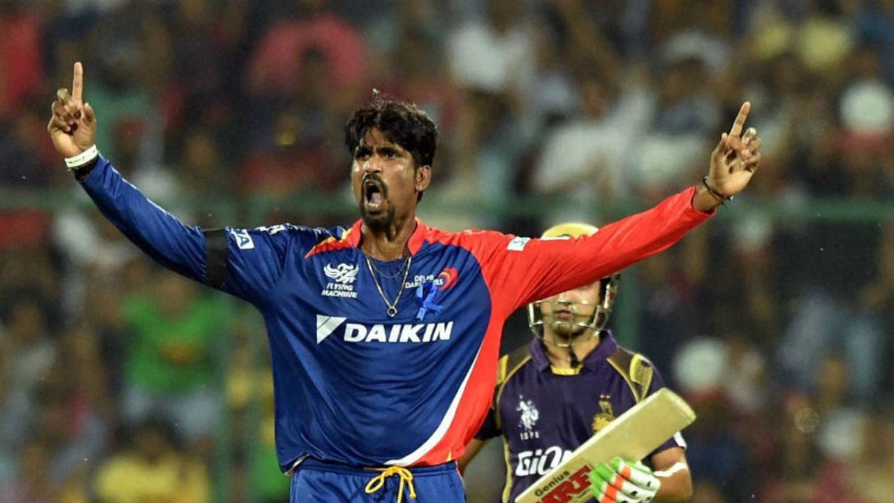 Domnic Muthuswami exults after picking a wicket, Delhi Daredevils v Kolkata Knight Riders, IPL 2015, Delhi, April 20, 2015