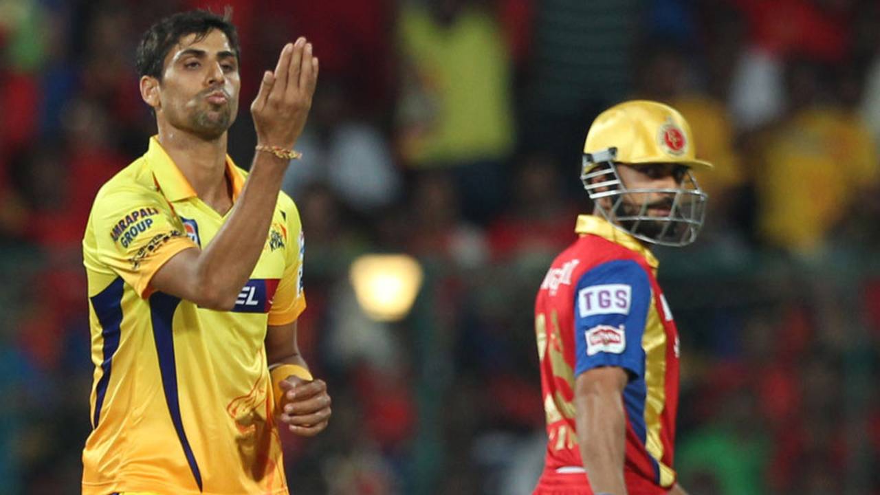 Ashish Nehra finished with a career-best 4 for 10, Royal Challengers Bangalore v Chennai Super Kings, IPL 2015, Bangalore, April 22, 2015