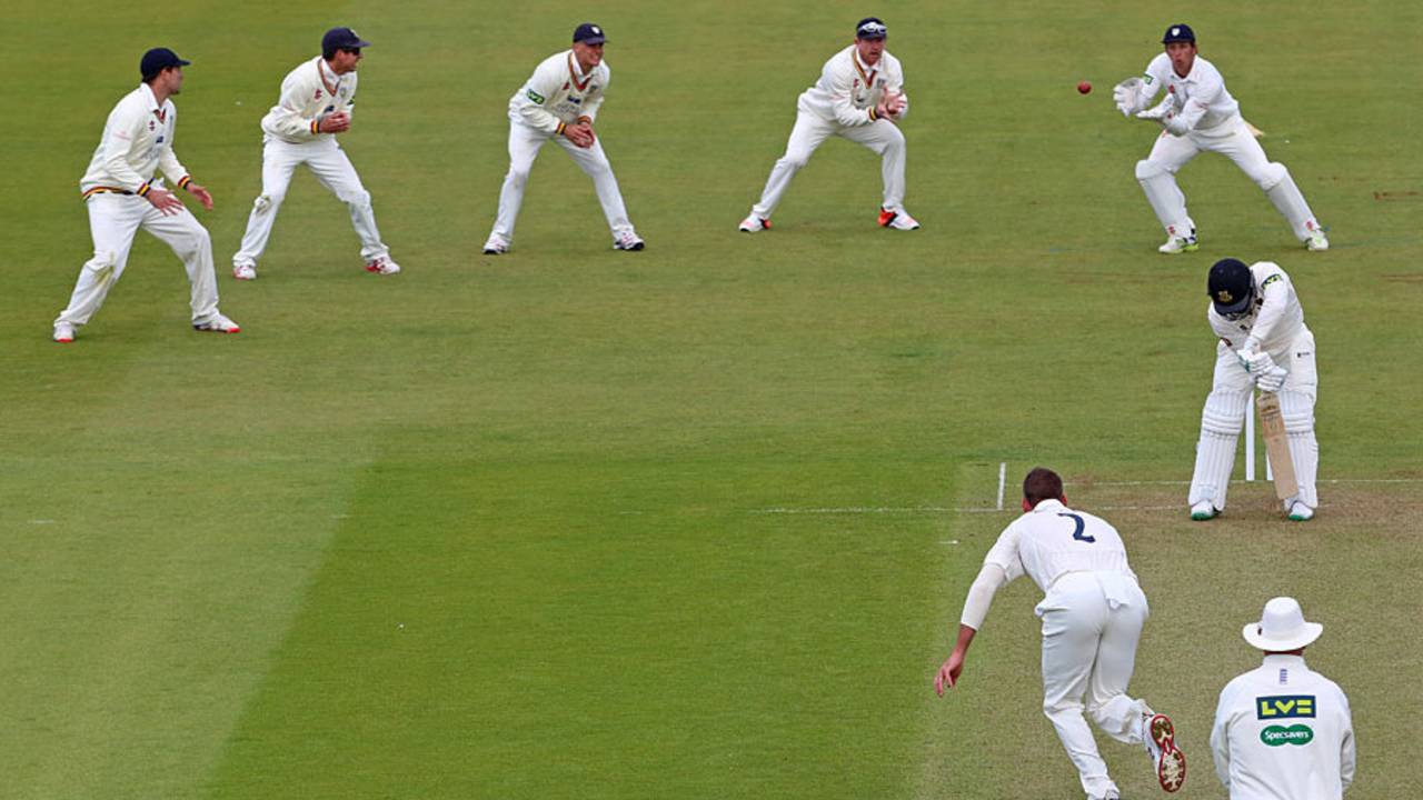 Edged and gone: Phil Mustard prepares to take an edge off Craig Cachopa, Durham v Sussex, County Championship, Division One, 1st day, Chester-le-Street, April 26, 2015