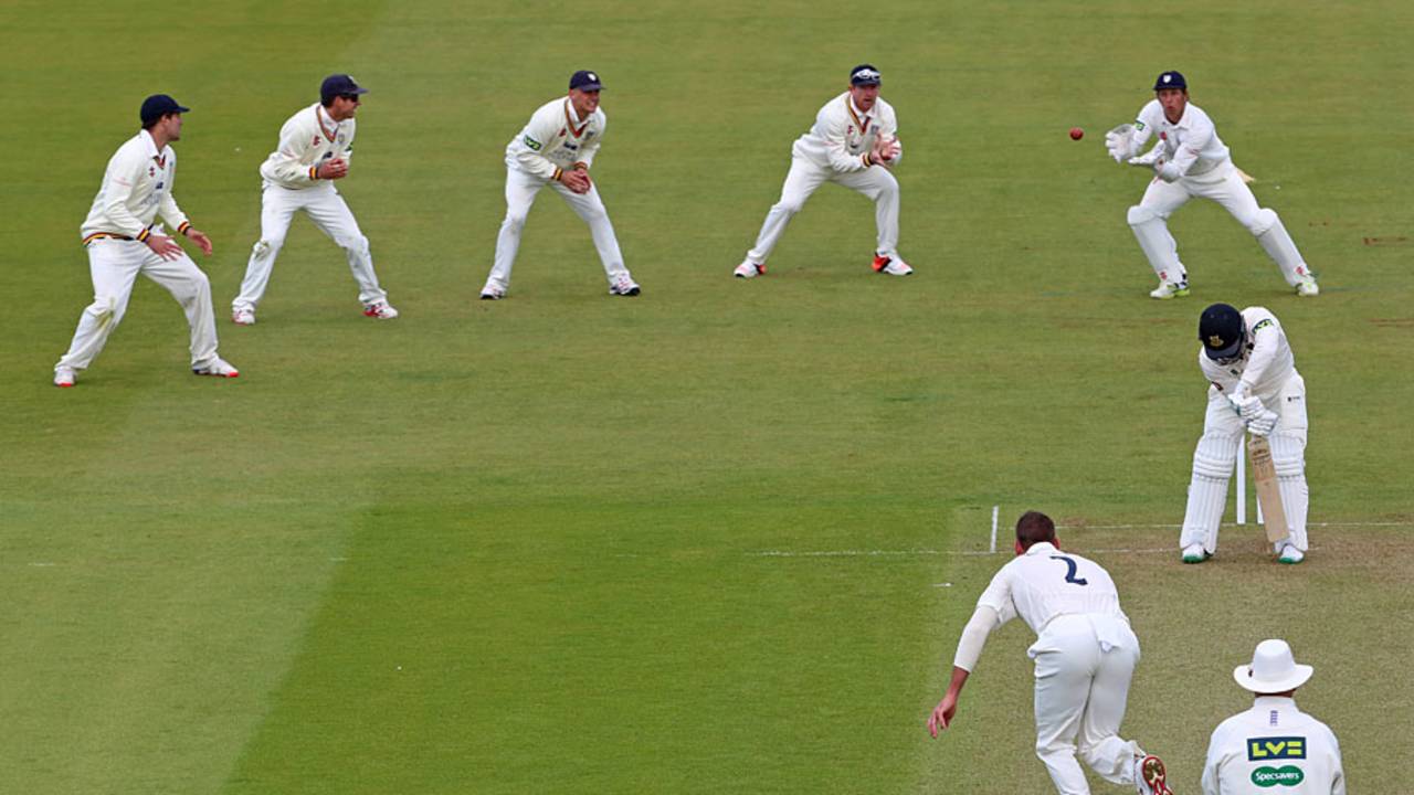 Edged and gone: Phil Mustard prepares to take an edge off Craig Cachopa, Durham v Sussex, County Championship, Division One, 1st day, Chester-le-Street, April 26, 2015