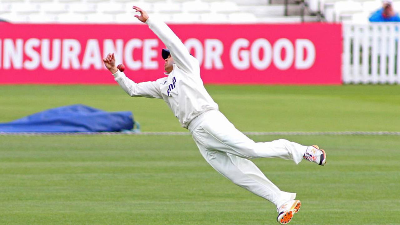 Greg Smith couldn't cling onto this catch, Surrey v Essex, County Championship, Division Two, Kia Oval, 2nd day, April 27, 2015
