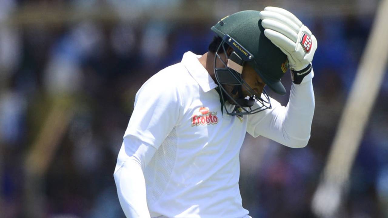 Mushfiqur Rahim is disappointed after mis-hitting to cover, Bangladesh v Pakistan, 1st Test, Khulna, 2nd day, April 29, 2015