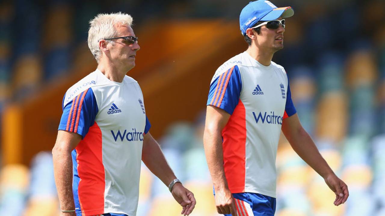 Peter Moores and Alastair Cook at England training, Barbados, April 29, 205