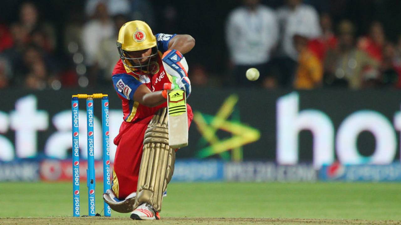 Sarfaraz Khan brings out the scoop shot, Royal Challengers Bangalore v Rajasthan Royals, IPL 2015, Bangalore, April 29, 2015