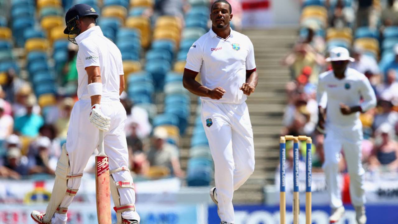 Shannon Gabriel removed Jonathan Trott in his first over, West Indies v England, 3rd Test, Bridgetown, 1st day, May 1, 2015