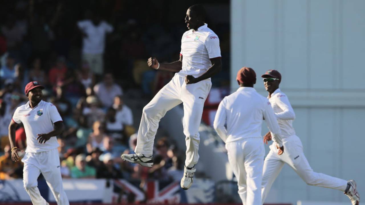 West Indies flying: Jason Holder celebrates a wicket, West Indies v England, 3rd Test, Bridgetown, 2nd day, May 2, 2015