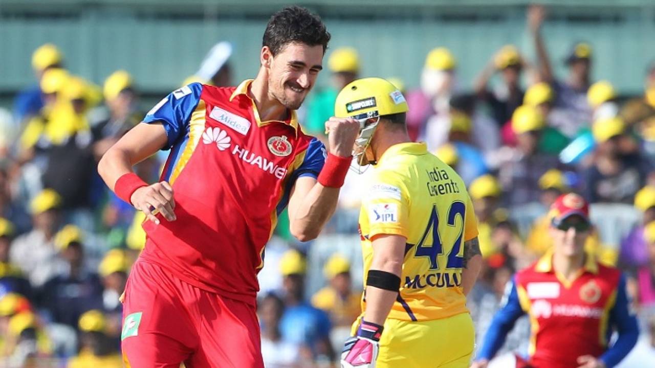 Mitchell Starc exults after bowling Dwayne Smith for a duck, Chennai Super Kings v Royal Challengers Bangalore, IPL 2015, Chennai, May 4, 2015