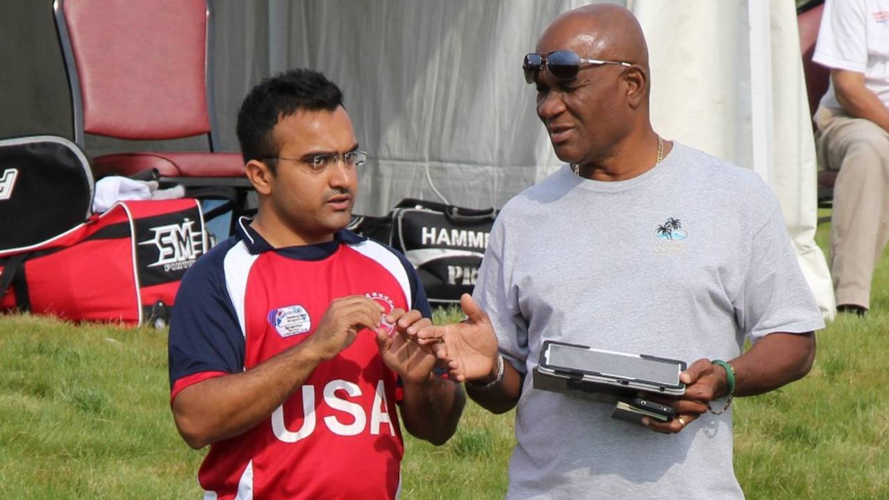 Nisarg Patel with USACA selection chairman Barney Jones, ICC Americas Regional T20, Indianapolis, May 5, 2015