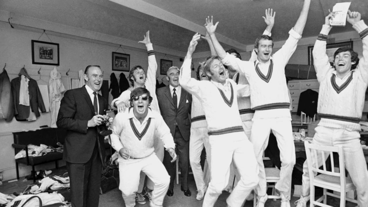 Members of the Australia team celebrate winning the second Test. From left: Fred Bennett, Rod Marsh, Bob Massie, Tony Steele, Dennis Lillee, Ross Edwards, Ashley Mallett and Jeff Hammond. England v Australia, second Test, Lord's, 4th day, June 26 1972
