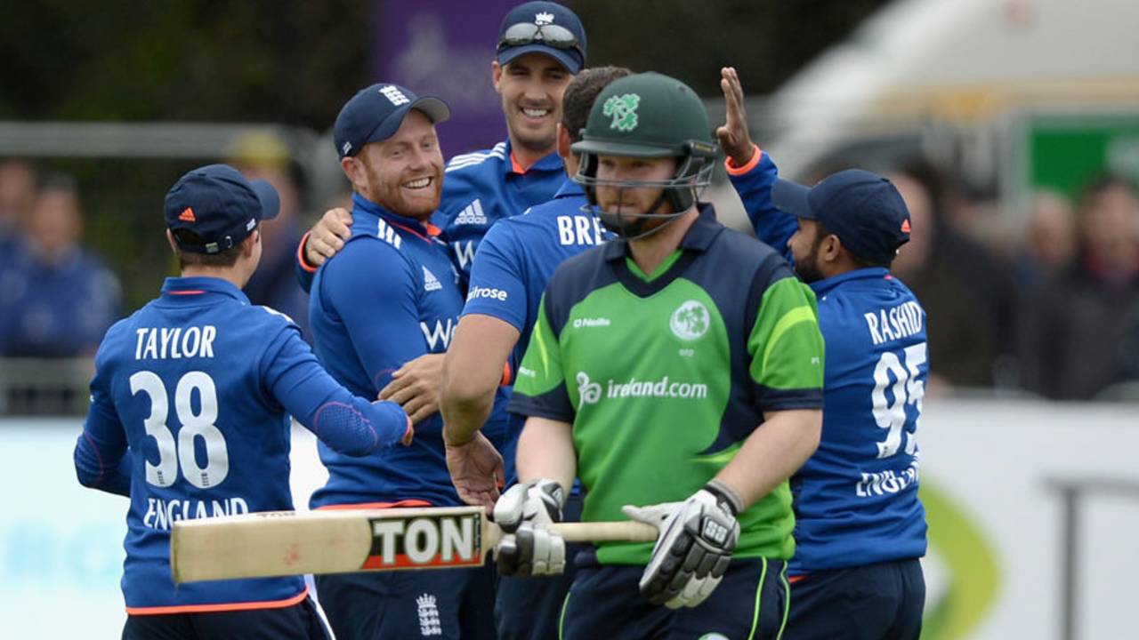 England celebrate Jonny Bairstow's run-out of Paul Stirling, Ireland v England, only ODI, Malahide, May 8, 2015