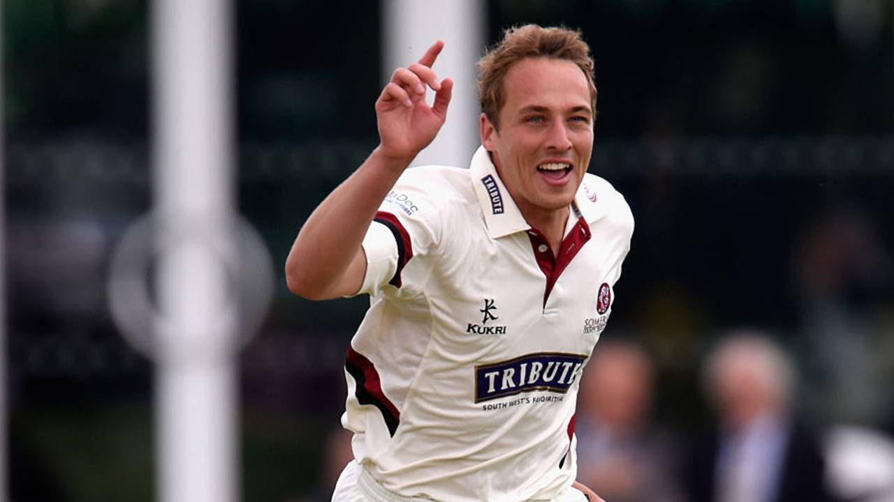 Josh Davey removed both the New Zealand openers, Somerset v New Zealanders, Tour match, 1st day, Taunton, May 8, 2015