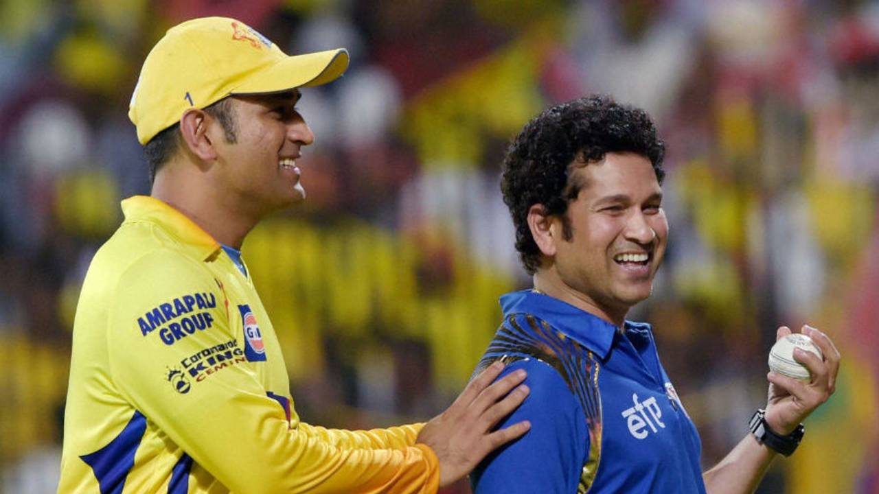 MS Dhoni and Sachin Tendulkar joke around ahead of the game, Chennai Super Kings v Mumbai Indians, IPL 2015, Chennai, May 8, 2015