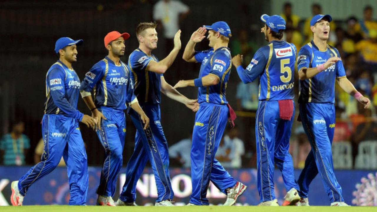 James Faulkner celebrates a wicket with his team-mates, Chennai Super Kings v Rajasthan Royals, IPL 2015, Chennai, May 10, 2015