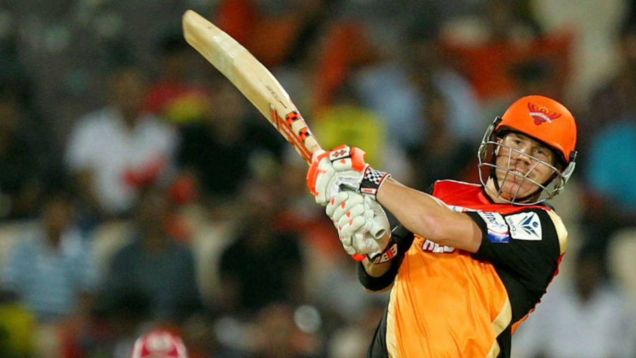 David Warner pulls for six, Sunrisers Hyderabad v Kings XI Punjab, IPL 2015, Hyderabad, May 11, 2015