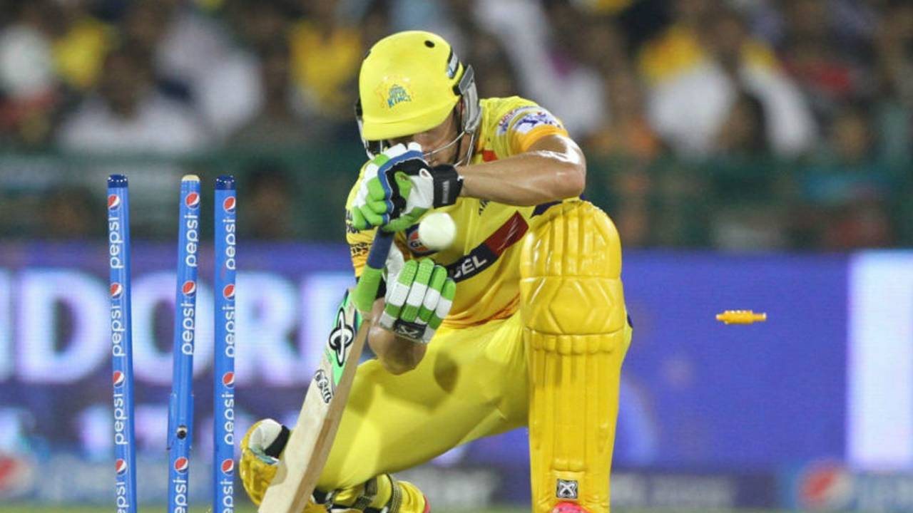 Faf du Plessis is undone by an Albie Morkel delivery, Delhi Daredevils v Chennai Super Kings, IPL 2015, Raipur, May 12, 2015