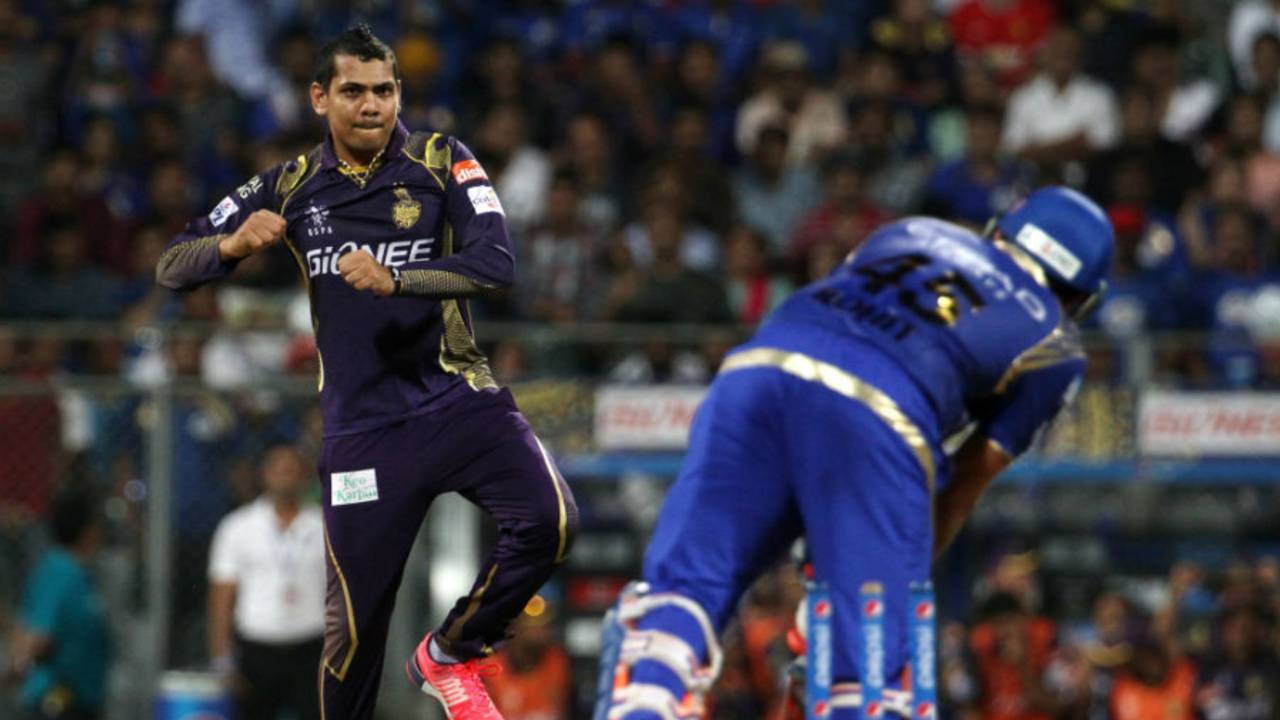 Sunil Narine breaches Rohit Sharma's defence, Mumbai Indians v Kolkata Knight Riders, IPL 2015, Mumbai, May 14, 2015