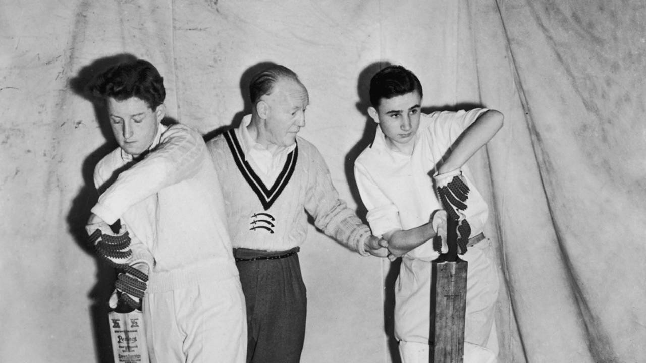 Harry Lee coaching in the nets at Chiswick, April 15, 1951