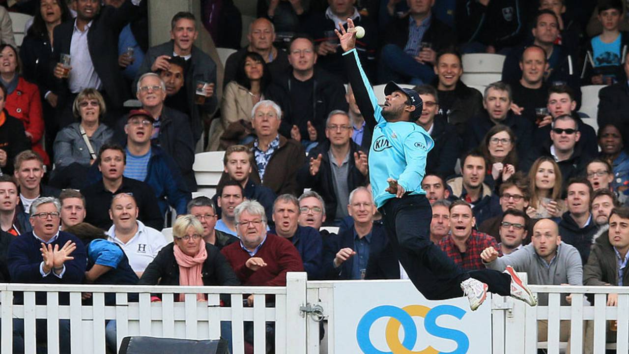 Kumar Sangakkara leaps in vain for a catch, Surrey v Glamorgan, NatWest T20 Blast, South Group, Kia Oval, May 15, 2015