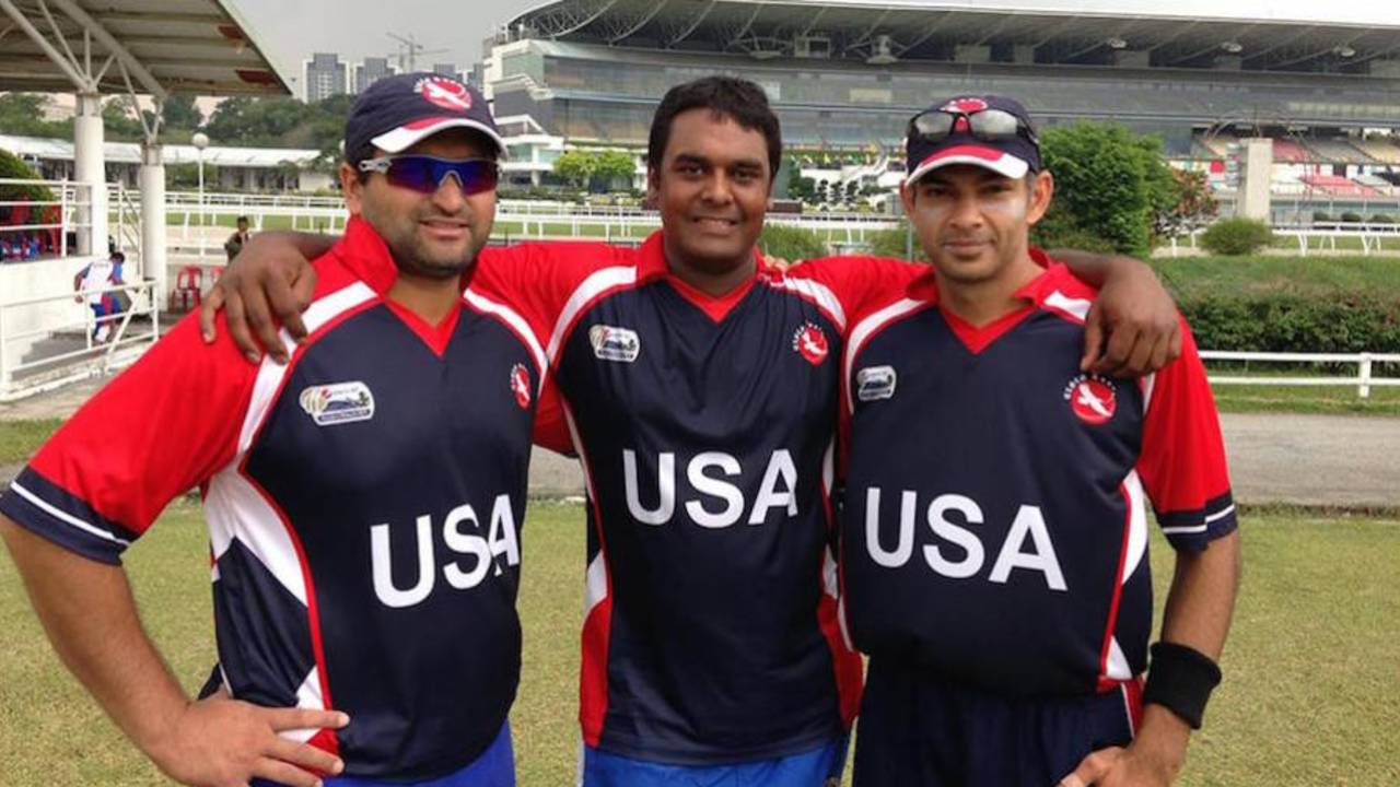 Sushil Nadkarni, Aditya Thyagarajan and Usman Shuja from left to right) on the field together after their final match, Bermuda v USA, Selangor Turf Club, Kuala Lumpur, October 30, 2014 
