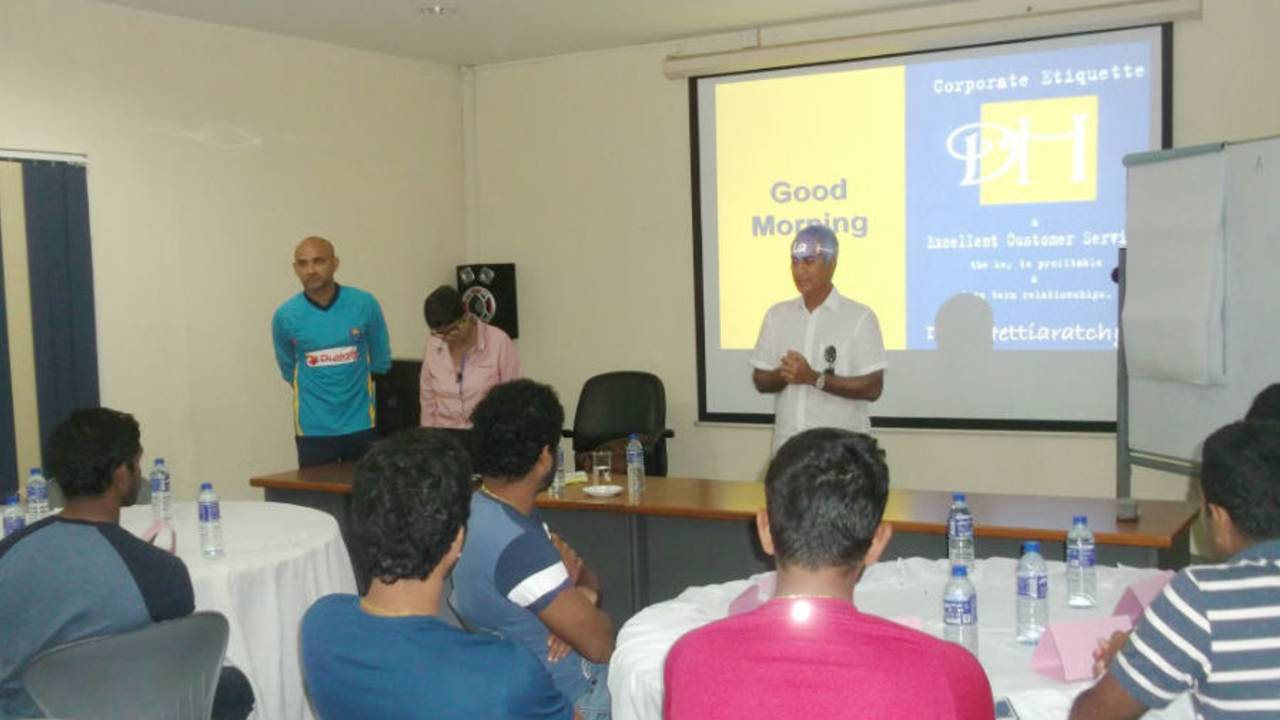 SLC Chairman Sidhath Wettimuny at one of the modules of the players' soft skills development programme, Colombo
