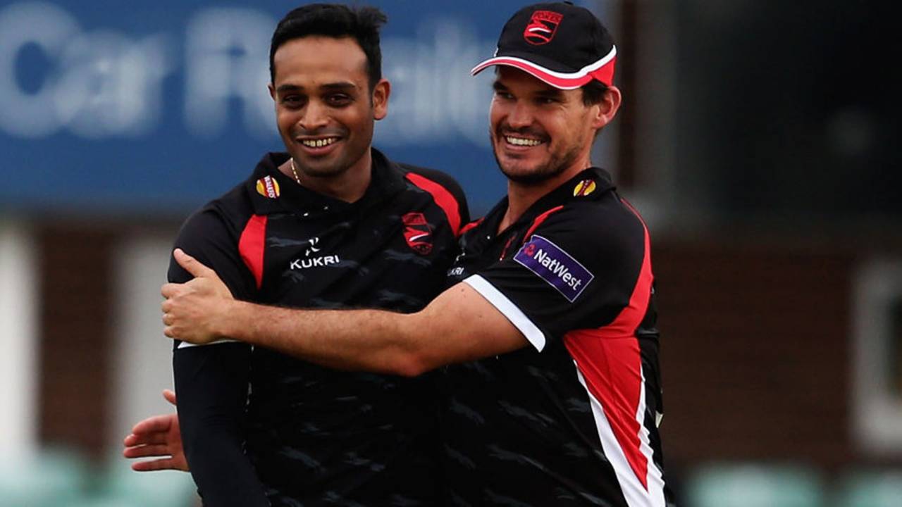 Jigar Naik is congratulated by Clint McKay, Leicestershire v Derbyshire, NatWest T20 Blast, North Group, Grace Road, May 22, 2015