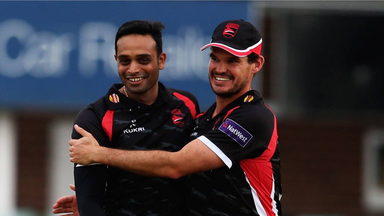 Jigar Naik is congratulated by Clint McKay, Leicestershire v Derbyshire, NatWest T20 Blast, North Group, Grace Road, May 22, 2015