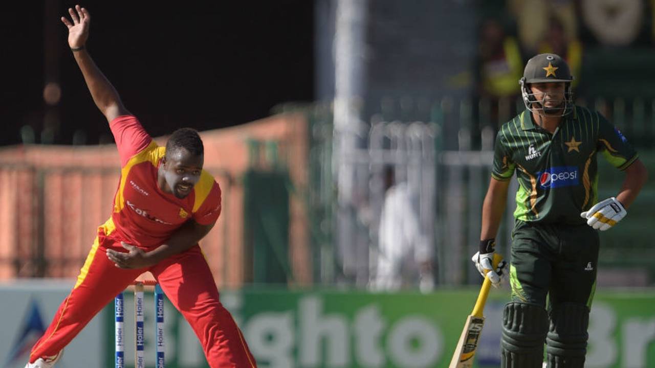 Brian Vitori in his follow through, Pakistan v Zimbabwe, 1st ODI, Lahore, May 26, 2015