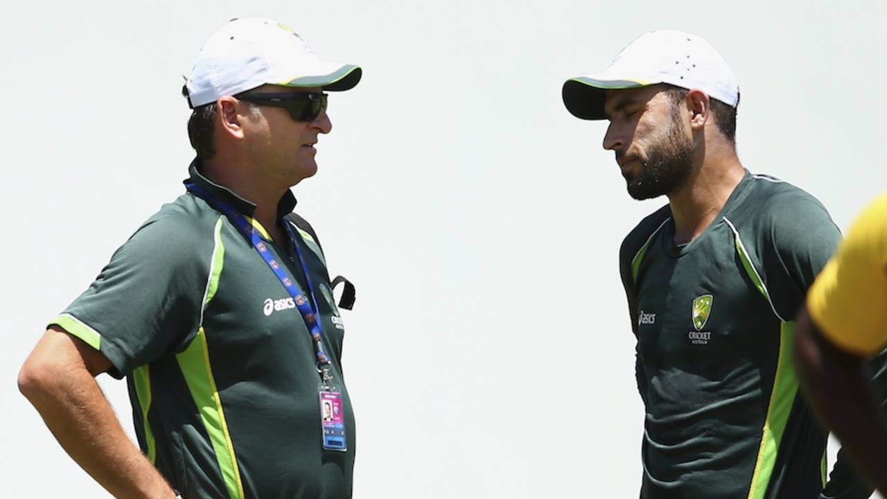 Mark Waugh, the Australia selector, has a word with Fawad Ahmed, Roseau, June 2, 2015