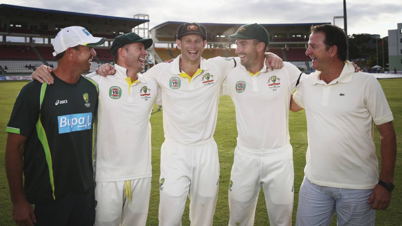 Five Australians who made centuries on Test debut: (From L-R) Fielding coach Greg Blewett, captain Michael Clarke, Adam Voges, Shaun Marsh and national selector Mark Waugh, West Indies v Australia, 1st Test, Roseau, 2nd day, June 4, 2015