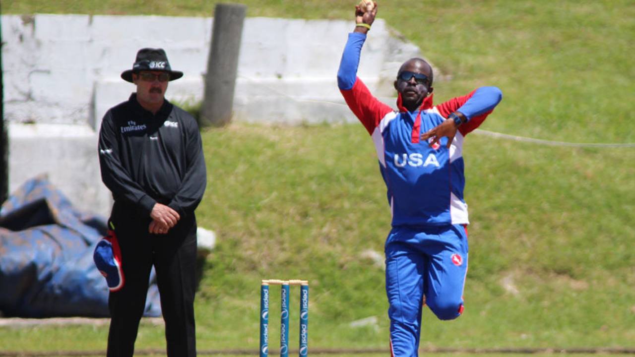 Orlando Baker bounds in with his medium pace, Uganda v United States of America, World Cricket League Division 3, St David's, May 2, 2013
