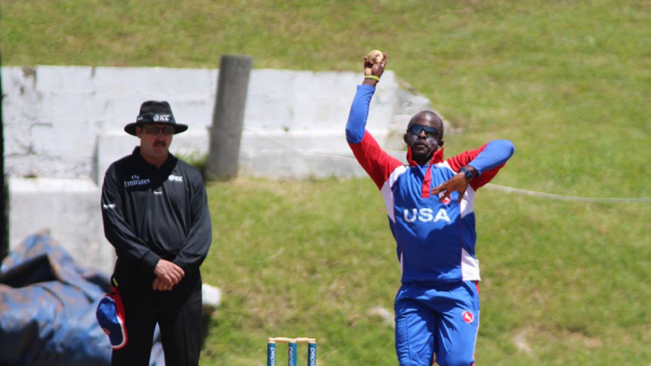 Orlando Baker bounds in with his medium pace, Uganda v United States of America, World Cricket League Division 3, St David's, May 2, 2013
