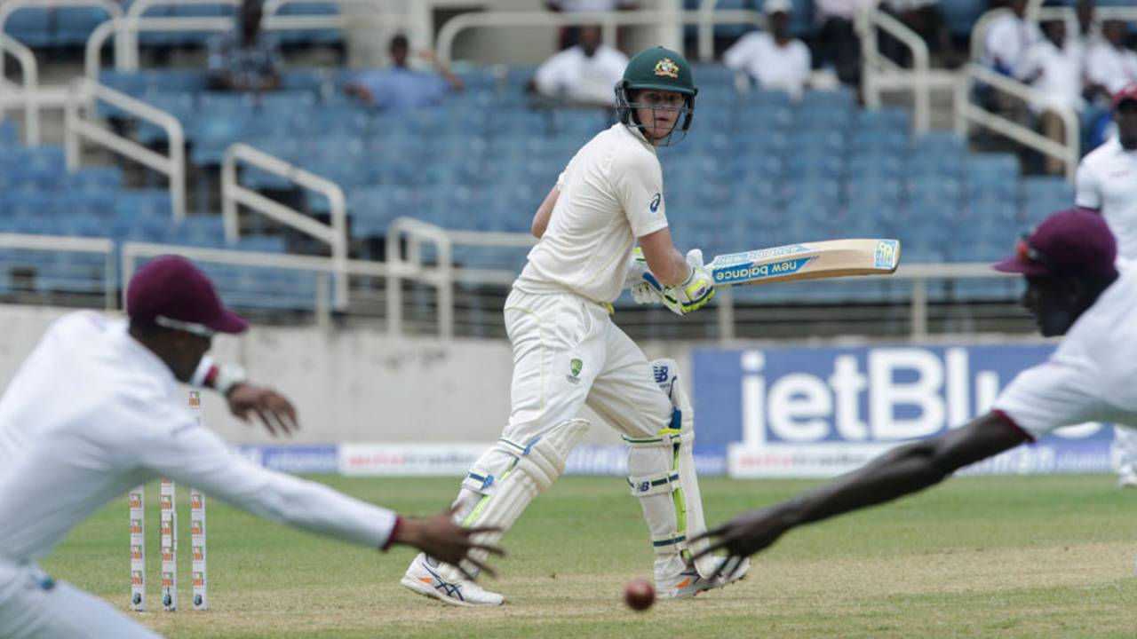 Steven Smith attempts to guide one through the slip cordon, West Indies v Australia, 2nd Test, 1st day, Kingston, June 11, 2015