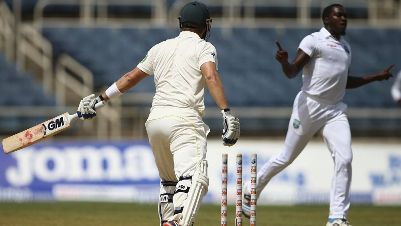 Jerome Taylor bowled Shane Watson for 25, West Indies v Australia, 2nd Test, 2nd day, Kingston, June 12, 2015