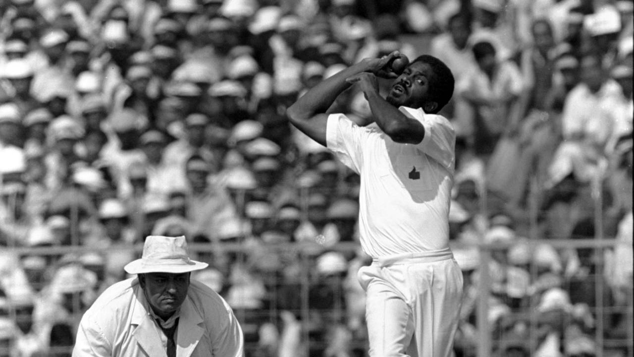 Michael Holding leaps before delivering, India v West Indies, 5th Test, Calcutta, 1st day, December 10, 1983