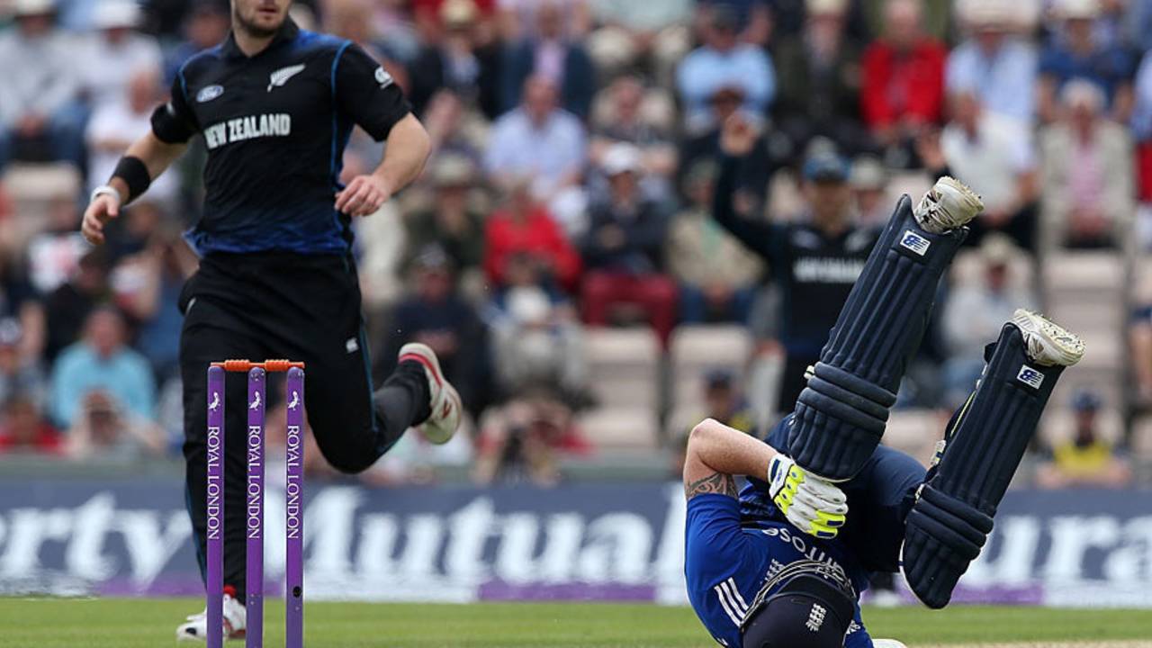 Ben Stokes was briefly felled by a full toss, England v New Zealand, 3rd ODI, Ageas Bowl, June 14, 2015