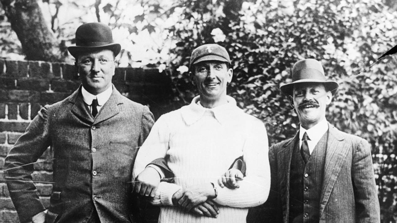 The three captains pose ahead of the ill-fated 1912 Triangular Tournament.  Frank Mitchell (South Africa, left), CB Fry (England, middle) and Syd Gregory (Australia, right)