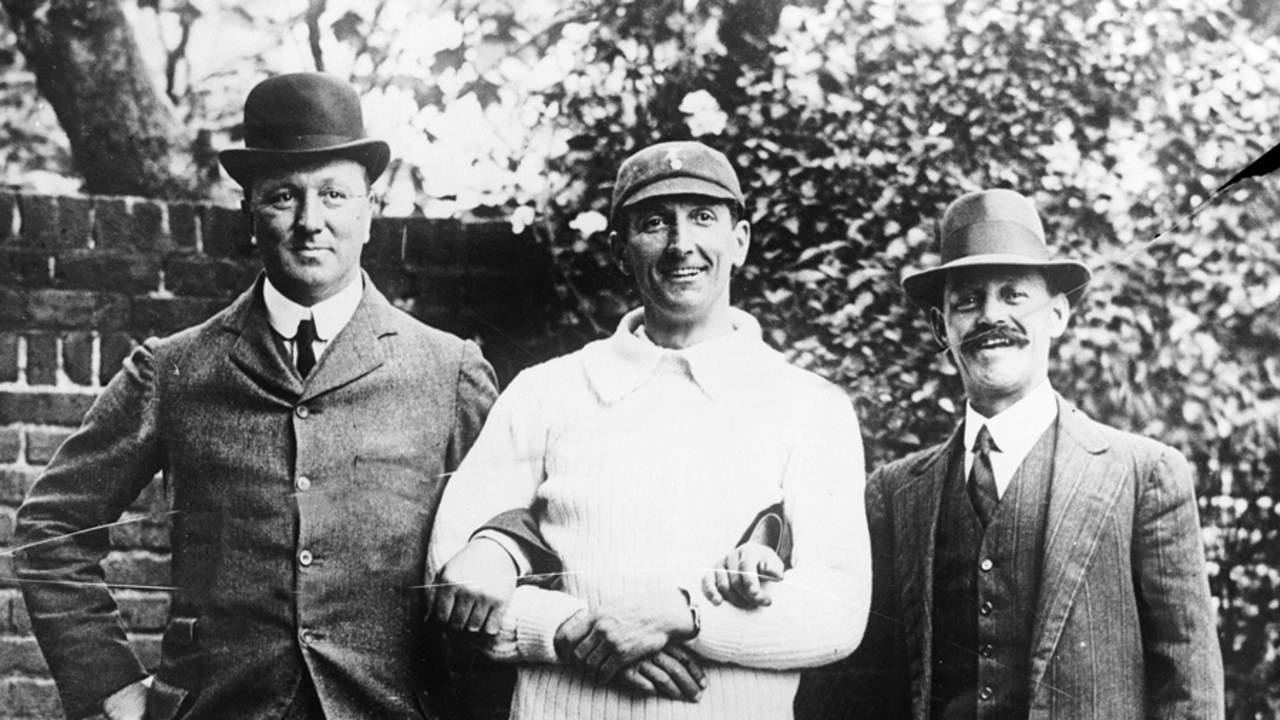 The three captains pose ahead of the ill-fated 1912 Triangular Tournament.  Frank Mitchell (South Africa, left), CB Fry (England, middle) and Syd Gregory (Australia, right)