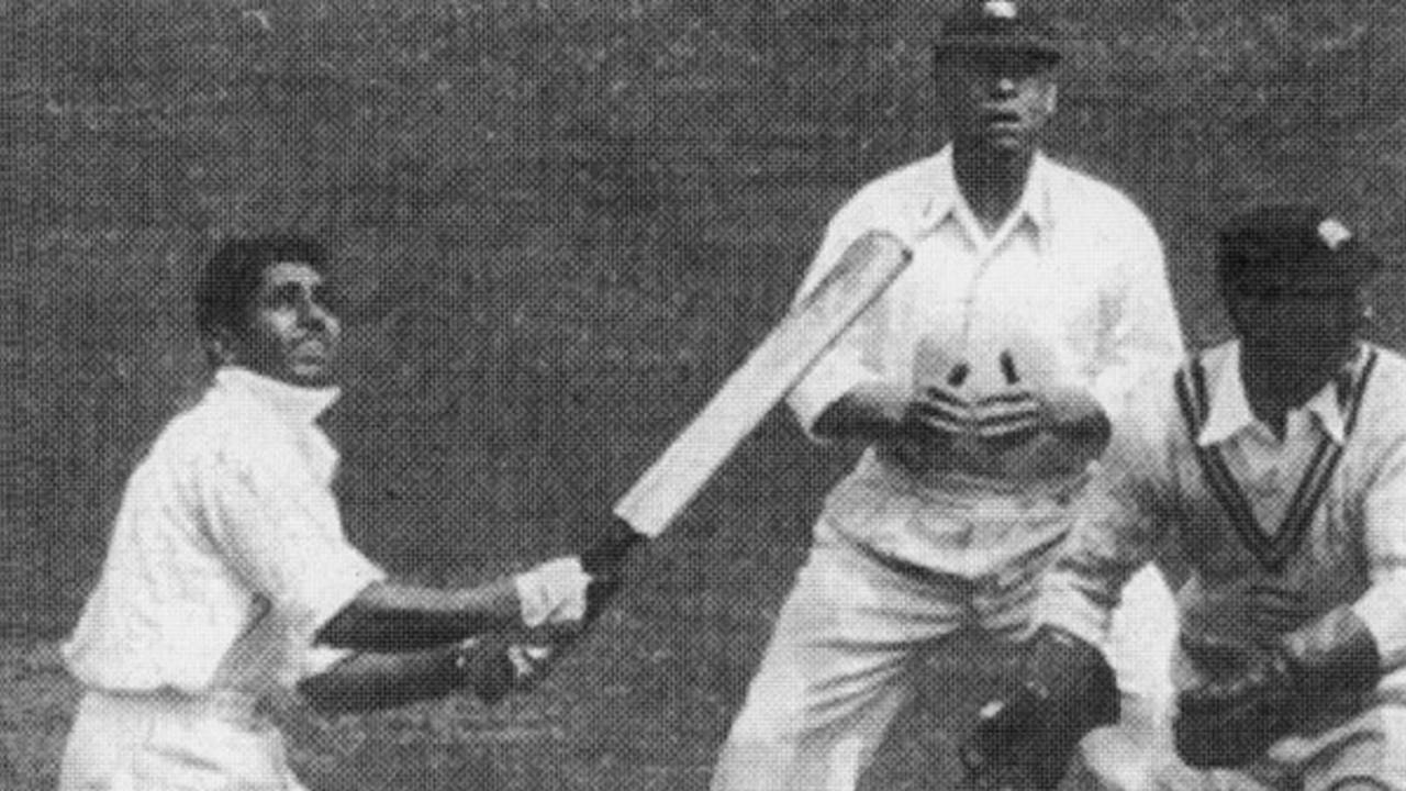 Lala Amarnath on his to 36 against Middlesex. Patsy Hendren is at slip and Fred Price is the wicketkeeper, Middlesex v Indians, Lord's, May 25, 1936