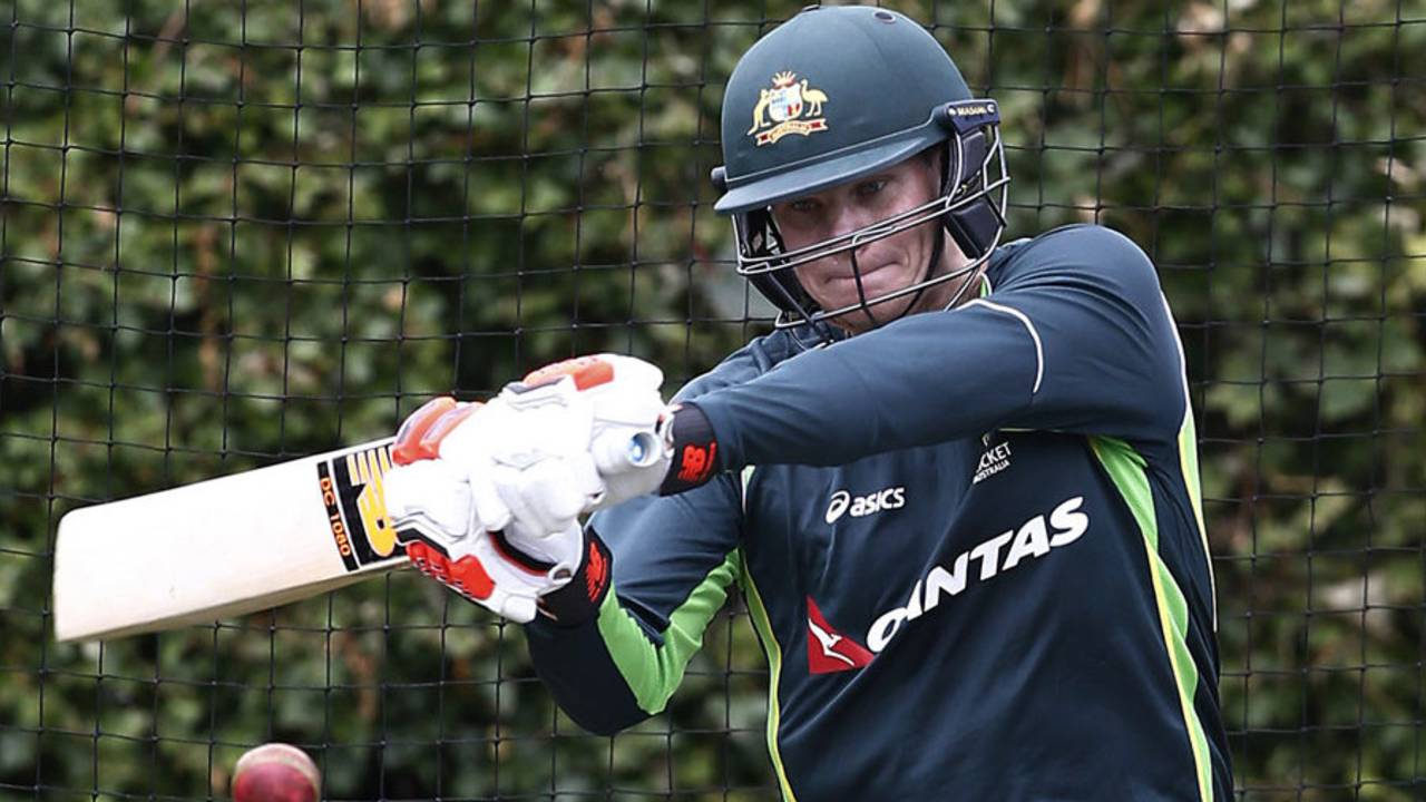 Steven Smith bats in the nets during a practice session, Watford, England, June 21, 2015