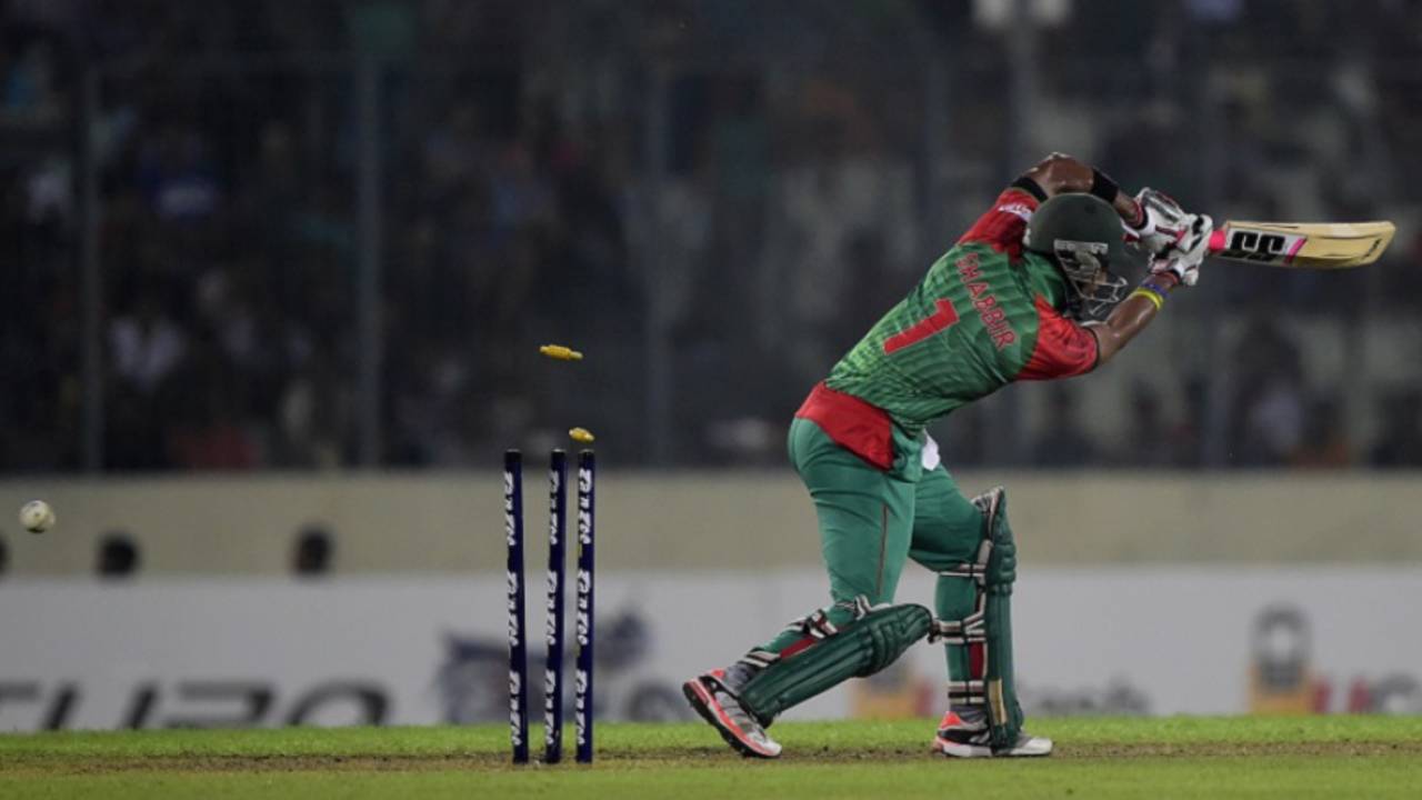 Sabbir Rahman is cleaned up by Stuart Binny, Bangladesh v India, 3rd ODI, Mirpur, June 24, 2015