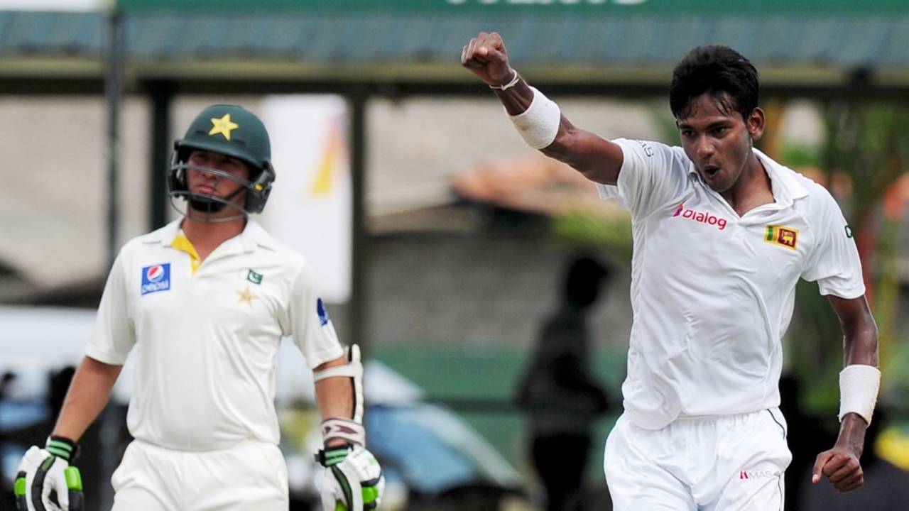 Dushmantha Chameera celebrates his maiden Test wicket, Sri Lanka v Pakistan, 2nd Test, Colombo, June 25, 2015