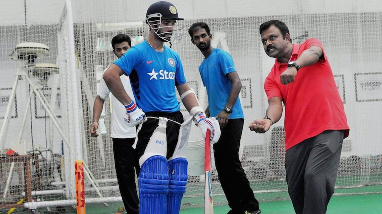 Pravin Amre gives batting tips to Ajinkya Rahane, Mumbai, July 5, 2015