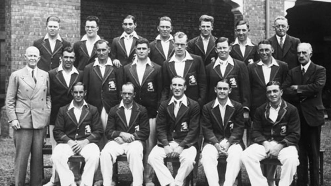 The MCC squad for the 1932-33 tour of Australia and New Zealand. Back: George Duckworth, Tommy Mitchell, The Nawab of Pataudi, Maurice Leyland, Harold Larwood, Eddie Paynter, Bill Ferguson (scorer). Middle: Plum Warner (manager), Les Ames , Hedley Verity, Bill Voce, Bill Bowes, Freddie Brown, Maurice Tate, Dick Palairet (assistant manager). Front: Herbert Sutcliffe, Bob Wyatt, Douglas  Jardine (captain), Gubby Allen, Wally Hammond.