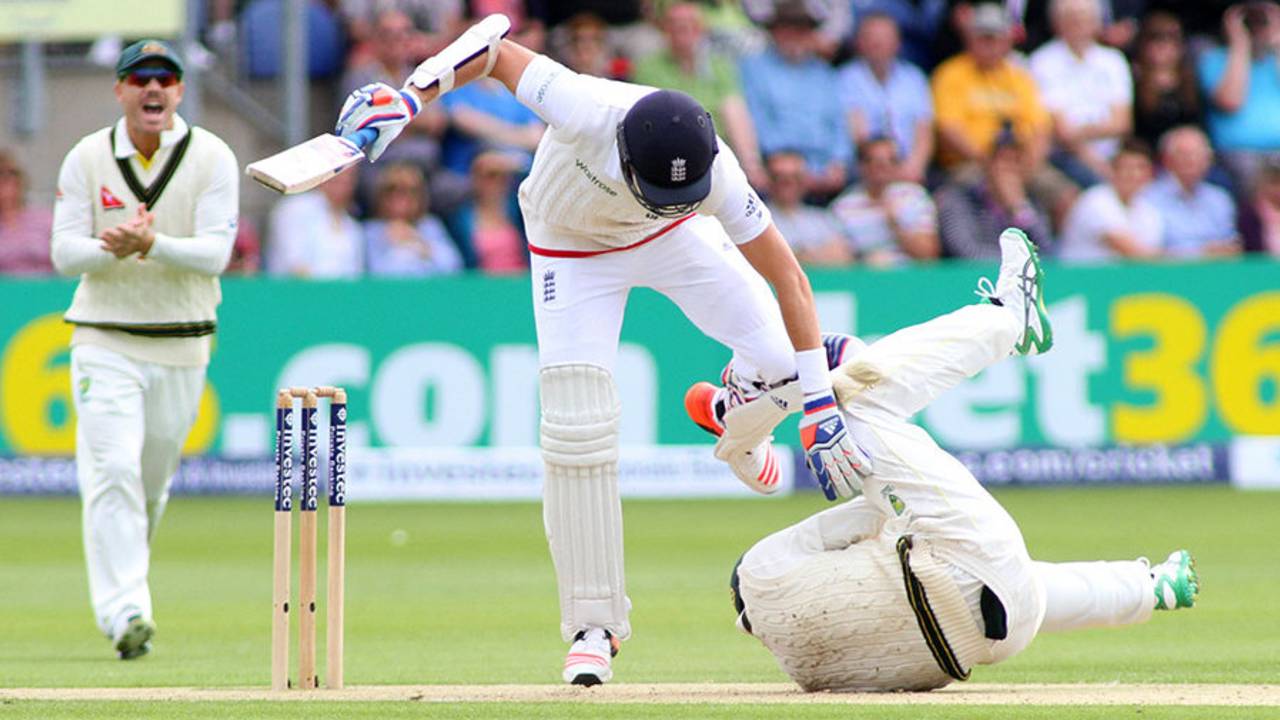 The third umpire ruled Stuart Broad not out after Adam Voges made this tumbling effort to catch him at short leg, England v Australia, 1st Investec Ashes Test, Cardiff, 2nd day, July 9, 2015