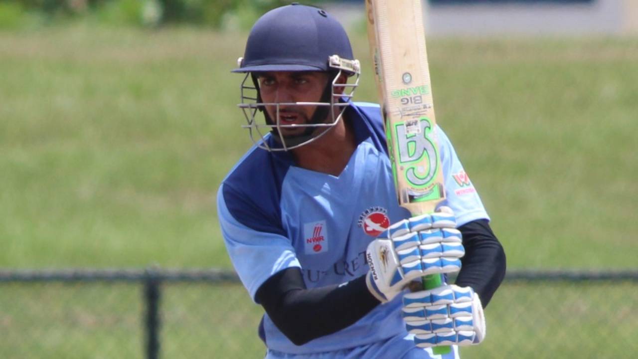 Shiva Vashishat looks for a run through the covers, Atlantic v North West, USACA T20 National Championship, Lauderhill, August 15, 2014